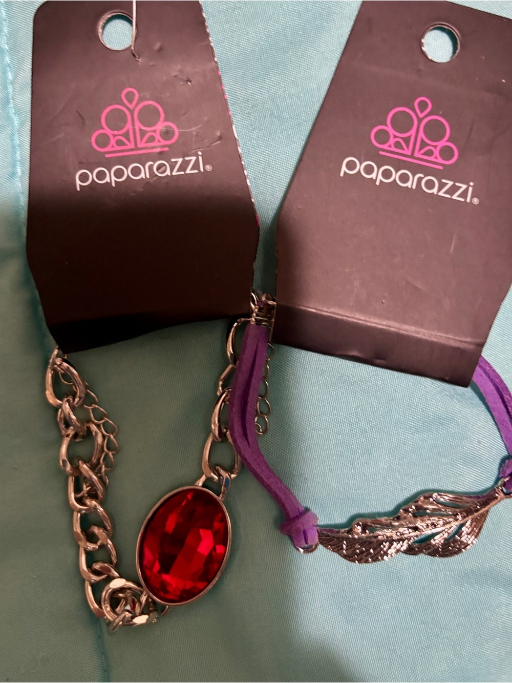 Paparazzi Women Jewelry - Ruby Red Oval Chain Bracelet & feather purple strap